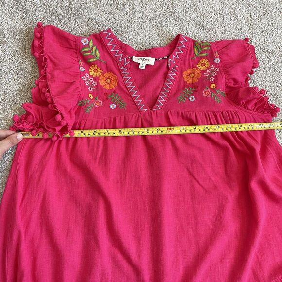 Umgee Floral Embroidered Boho Linen Blend A-line Dress Pom Pom Trim Pink - Small - Picture 10 of 12
